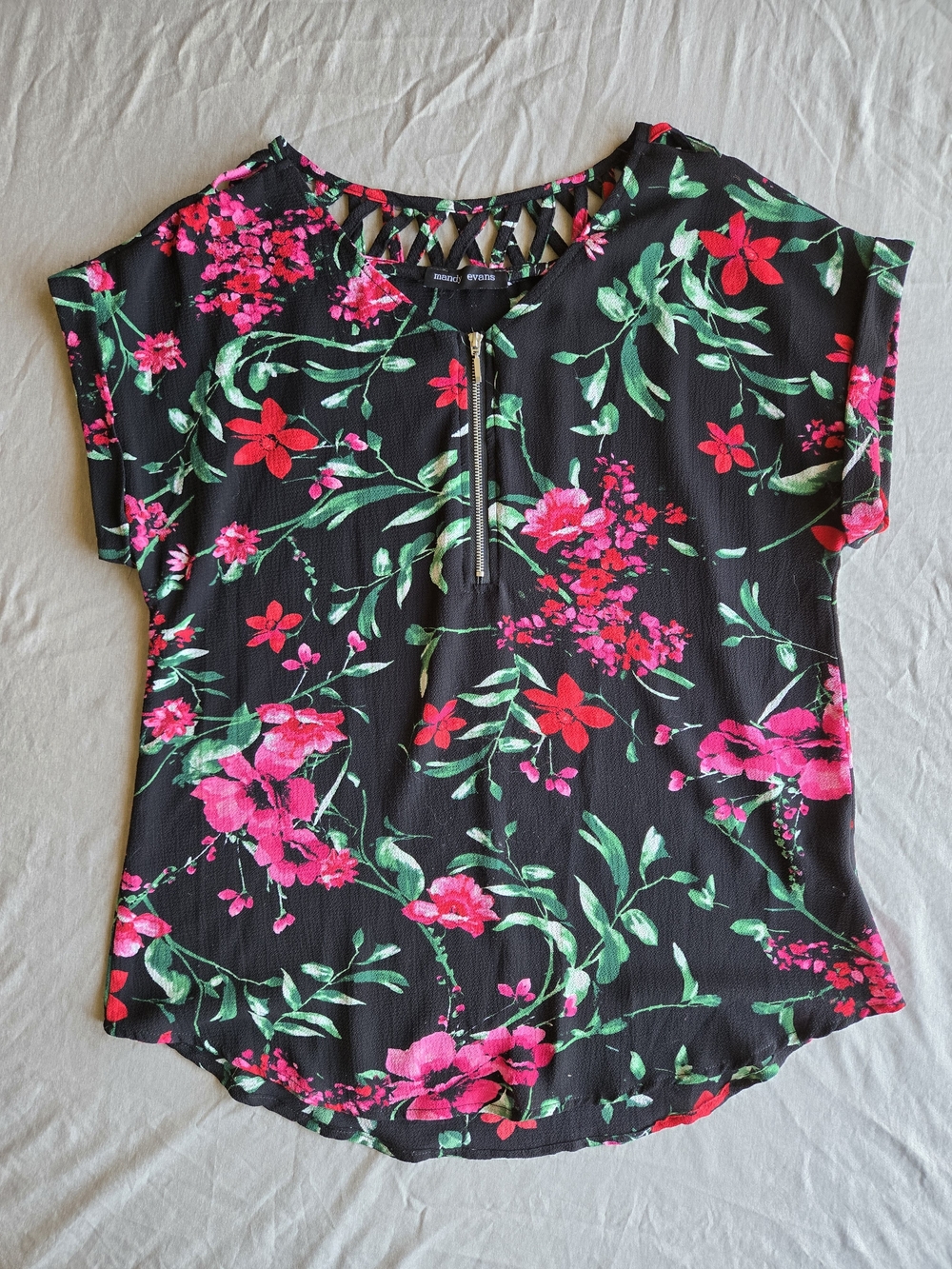 Mandy Evans Floral Lattice Neckline Zip Blouse - Small